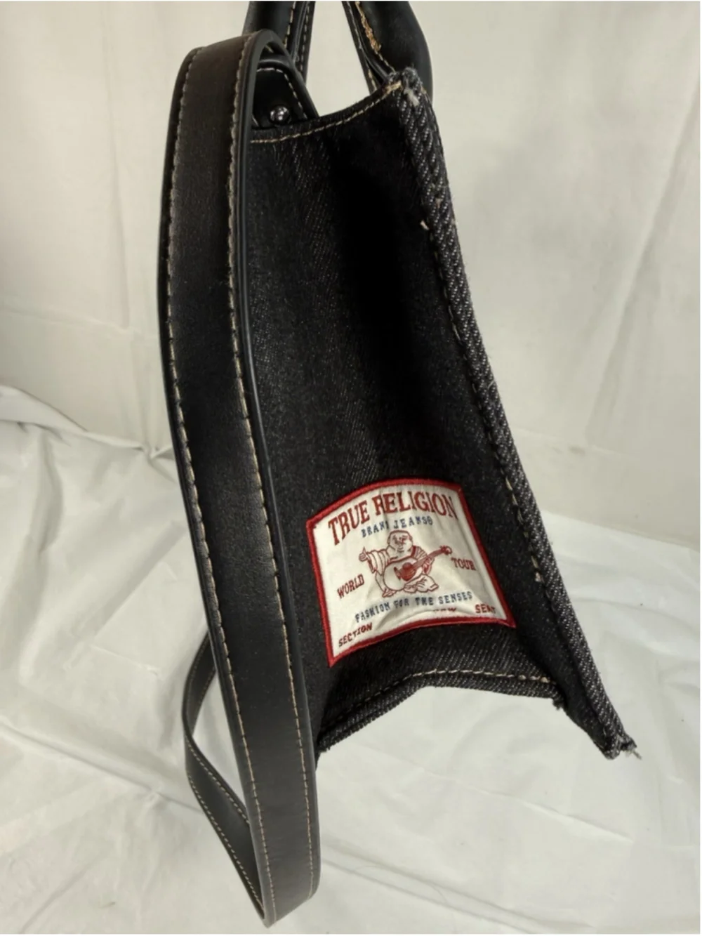 True Religion Black Denim Embroidered Crossbody Bag Horseshoe Satchel Handbag